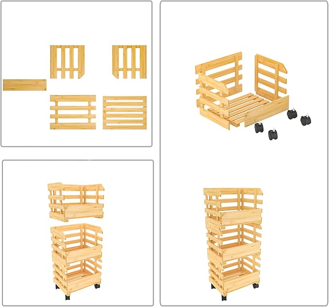 G.a HOMEFAVOR Bamboo Fruit Basket Stand, Potato and Onion Storage Cart, 3-Tier Fruit Basket with Wheels, Vegetable Storage for Kitchen Floor (Self-assembly) - LeafyLoom