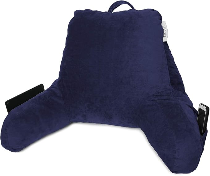 Nestl Reading Pillow with Portable Laptop Lap Desk, Velvet Feel Back Pillow for Sitting in Bed, Shredded Memory Foam Back Support Pillow for Bed, Bed Rest Pillow with Arms, Standard - Navy - LeafyLoom