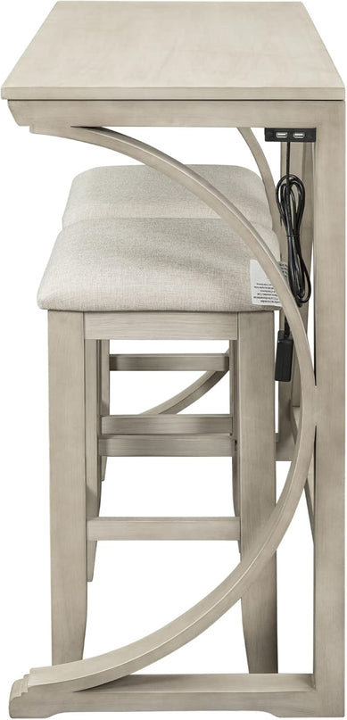 Voohek 3 Piece Counter Height Dining Set, Sofa Table with 2 Stools and USB Port for Bar, Console, Kitchen, Living Room, Apartment, Office, Small Places, Cream - LeafyLoom
