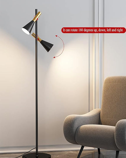 Modern Floor Lamp with 2 Adjustable Head Tall Pole Uplight for Living Room, Bedroom, Office,Gold and Black Corner Light for Reading,E26 Bulbs(Not Included) - LeafyLoom