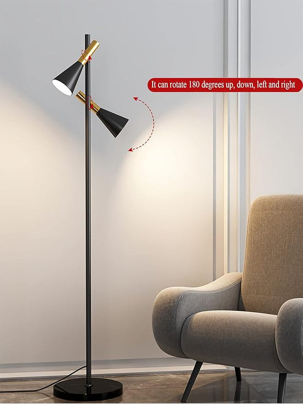 Modern Floor Lamp with 2 Adjustable Head Tall Pole Uplight for Living Room, Bedroom, Office,Gold and Black Corner Light for Reading,E26 Bulbs(Not Included) - LeafyLoom