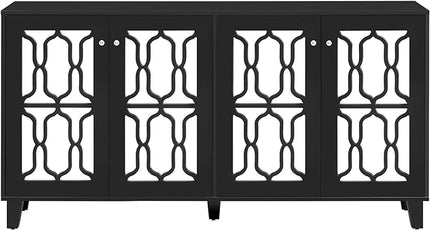 Merax Buffet Cabinet with Adjustable Shelves, 4-Door Mirror Hollow-Carved TV Stand for Television Up to 65 inches, Multi-Functional Console Table with Storage Credenza for Living Room, Black - LeafyLoom