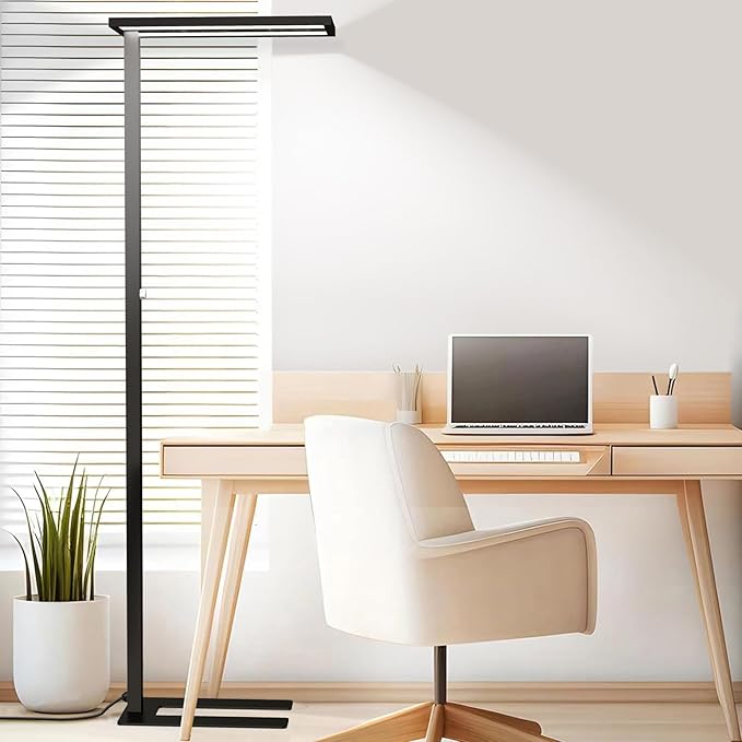 STERREN Eye-Care Led Floor Lamp,76'' Tall Office Floor Lamp, 80W Black Modern Free-Standing Lamp,10000LM Bright Reading Lamp for Study Room,Living Room,Meeting Room,4000K - LeafyLoom