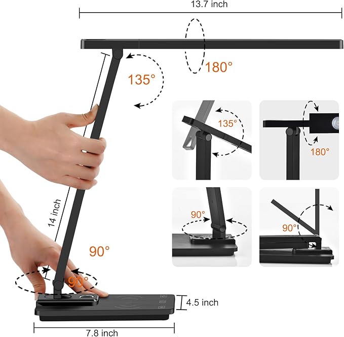 AFROG 5th Gen Multifunctional LED Desk Lamp with USB Charging Port,1800Lux Super Bright,5 Lighting Mode,7 Brightness, Touch Control, Auto Timer, 12W Office Table Lamp - LeafyLoom