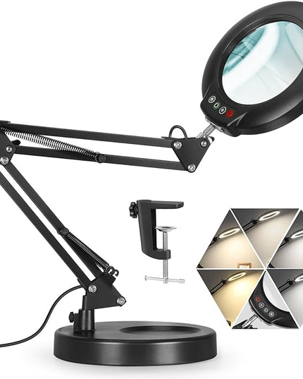 Veemagni 10X Magnifying Glass with Light, 5 Color Modes Stepless Dimmable 2-in-1 Desk Lamp and Clamp, LED Lighted Magnifier with Light and Stand, Hands Free for Craft Repair Hobby Painting Close Work - LeafyLoom