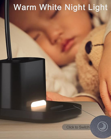 YOUKOYI LED Desk Lamps for Kids, Small Desk Lamps with Pen Holder, 3600mAh Battery Operated Desk Lamp 3Color Modes Stepless Dimming Cute Desk Lamp, Gooseneck Desk light for Home Office, Reading, Study - LeafyLoom