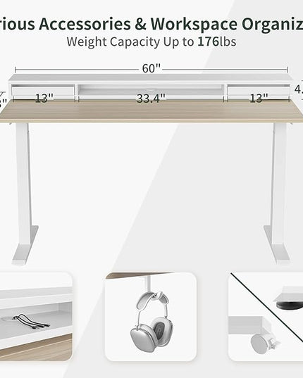 FEZIBO 60 × 26 Inch Electric Standing Desk with Monitor Stand, Height Adjustable Table with LED Strips, Ergonomic Home Office Furniture with 2 Drawers Storage Gaming Workstation, Light Walnut Top - LeafyLoom