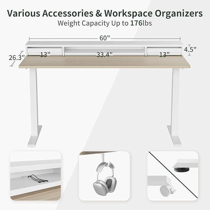 FEZIBO 60 × 26 Inch Electric Standing Desk with Monitor Stand, Height Adjustable Table with LED Strips, Ergonomic Home Office Furniture with 2 Drawers Storage Gaming Workstation, Light Walnut Top - LeafyLoom