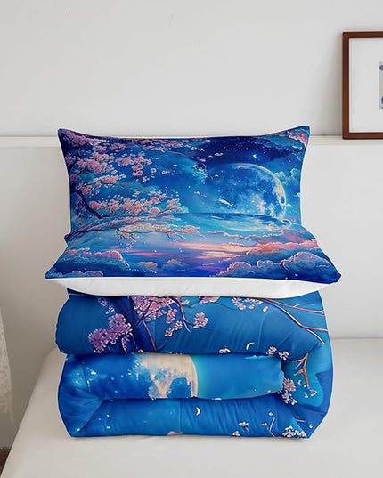 Manfei Cherry Blossoms Comforter Set Queen Size,Moonnight Cloud Starry Sky Bedding Set,Girls Women Room Decor,Sakura Flowers Chinese Style Down Comforter,Pink Blue Romantic Duvet Insert,2 Pillowcases - LeafyLoom