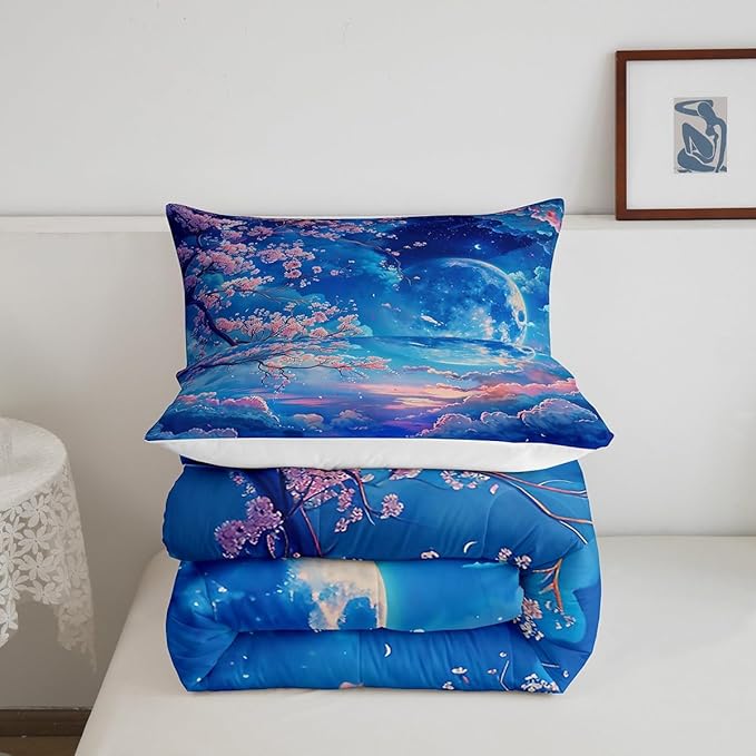 Manfei Cherry Blossoms Comforter Set King Size,Moonnight Cloud Starry Sky Bedding Set,Girls Women Room Decor,Sakura Flowers Chinese Style Down Comforter,Pink Blue Romantic Duvet Insert,2 Pillowcases - LeafyLoom