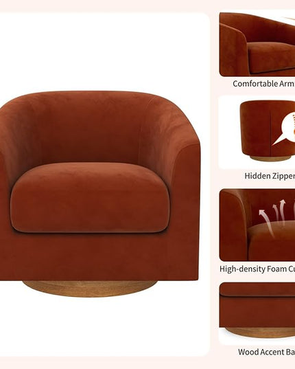 MUUEGM Accent Chair with Arms, 360 Degree Swivel Accent Chair with Wood Base, Modern Barrel Chair for Living Room, Bedroom, Waiting Room, Fully Assembled,Performance Fabric in Mature Brown - LeafyLoom