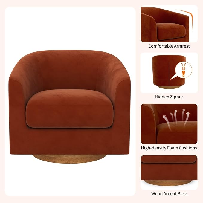 MUUEGM Accent Chair with Arms, 360 Degree Swivel Accent Chair with Wood Base, Modern Barrel Chair for Living Room, Bedroom, Waiting Room, Fully Assembled,Performance Fabric in Mature Brown - LeafyLoom