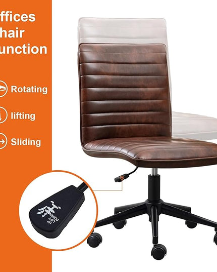 Furniliving Leather Home Office Chair, Armless Vanity Desk Task Chair with Wheels 360° Swivel Computer Rolling Desk Chair with Back, Adjustable Accent Chair with Base Stool - LeafyLoom