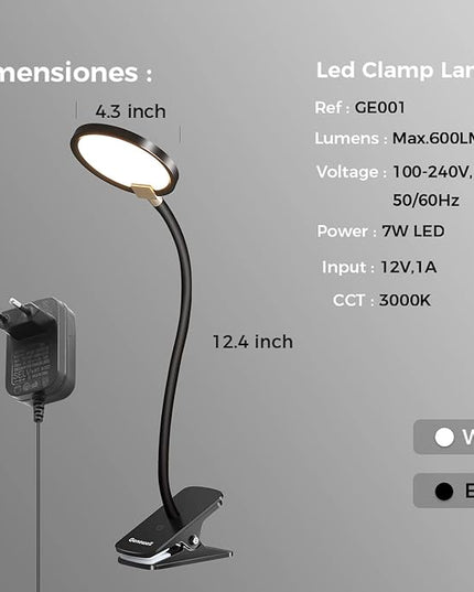 7W Flexible Gooseneck LED Desk lamp Touch 3 Steps Dimmable LED Clip on Light Reading lamp Warm White 3000K 3 Brightness Book Lights Eye Caring Clamp lamp - LeafyLoom