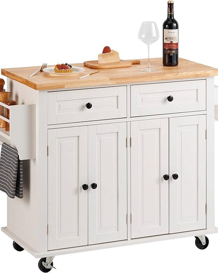 VEVOR Kitchen Island Cart with Solid Wood Top, 35.4" Width Mobile Carts with Storage Cabinet, Rolling Kitchen Table with Spice Rack, Towel Rack, and Drawer, Portable Islands on Wheels, White - LeafyLoom