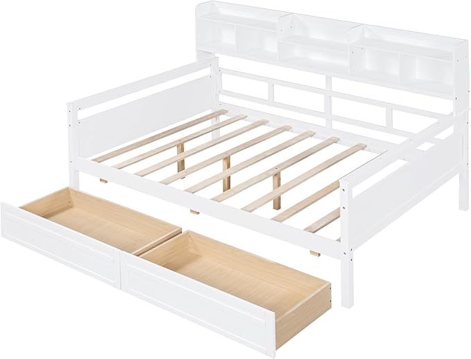 Full Size Daybed with Bedside Shelf and Two Drawers,Multifunctional Storage Solid Wood Bed,W/Wooden Slat Support,No Box Spring Needed,for Bedroom,Living Room,Apartment,White - LeafyLoom