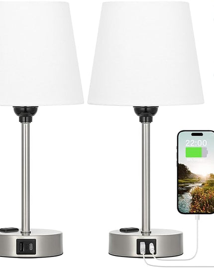 Table Lamps for Bedrooms Set of 2 Bedside - Nightstand with USB C Port and AC Outlet Charging, Dimmable Touch Small White End Side Lamp Light for Kid/Guest Room/Living Room - LeafyLoom