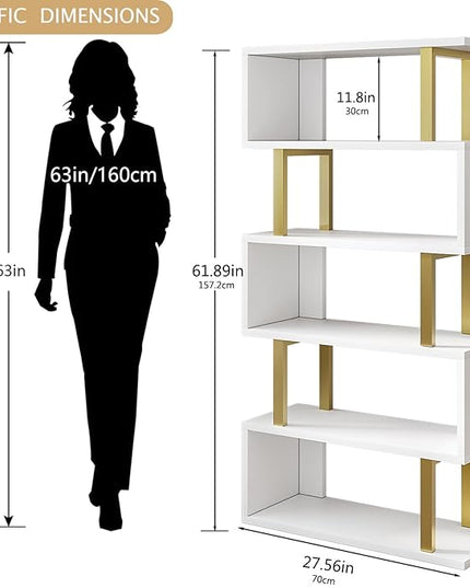 Bookshelf geometric bookcase S Shaped industrial bookshelf Storage Display Stand Shelf for Living Room Bedroom and office Room (White, 5 Tier) - LeafyLoom