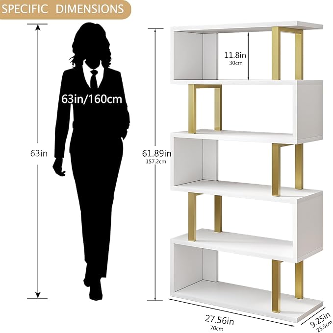 Bookshelf geometric bookcase S Shaped industrial bookshelf Storage Display Stand Shelf for Living Room Bedroom and office Room (White, 5 Tier) - LeafyLoom