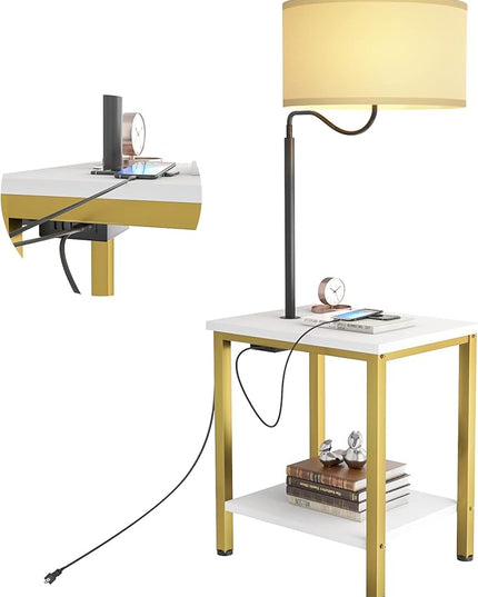 LED Floor Lamp with Table - End Table with Power Outlet and USB Charging Port, Bedside Nightstand Shelf, Side Table with Standing Light for Living Room, Bedroom, Bulb Included, White, 2 Pack - LeafyLoom