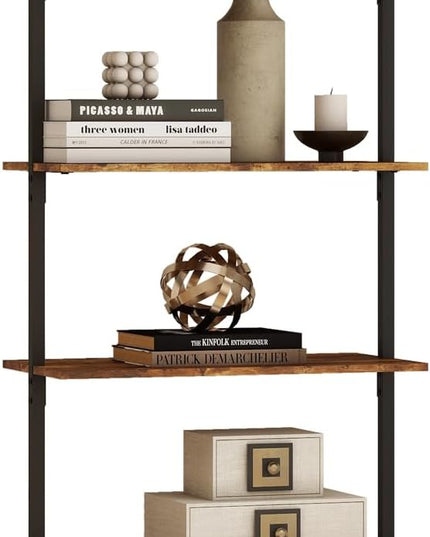 Panana 6 Tier Tall Modern Bookshelf, Industrial Ladder Shelf Open Space Wall Mount Bookshelf with Metal Frame Sturdy Bookcase for Living Room (Brown, 6-Tier) - LeafyLoom