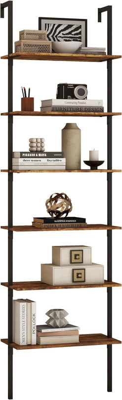 Panana 6 Tier Tall Modern Bookshelf, Industrial Ladder Shelf Open Space Wall Mount Bookshelf with Metal Frame Sturdy Bookcase for Living Room (Brown, 6-Tier) - LeafyLoom