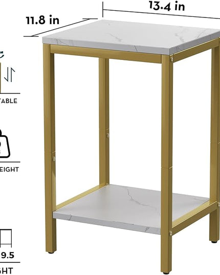 SAYGOER White Faux Marble End Tables Small Side Table with Storage Wood Night Stand Gold Metal Frames 2 Tier Bedside Table with Adjustable Feet, 1PCS, White Gold - LeafyLoom
