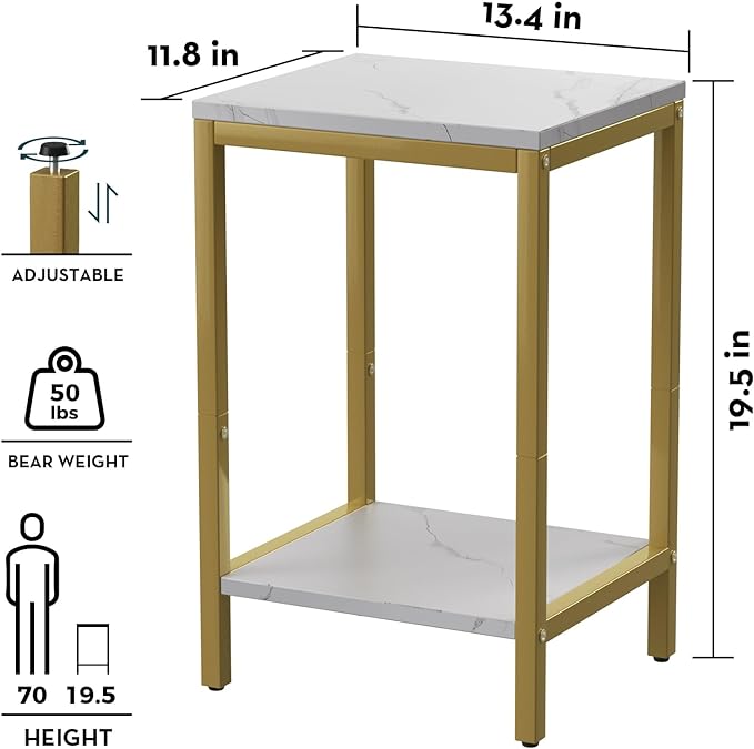 SAYGOER White Faux Marble End Tables Small Side Table with Storage Wood Night Stand Gold Metal Frames 2 Tier Bedside Table with Adjustable Feet, 1PCS, White Gold - LeafyLoom