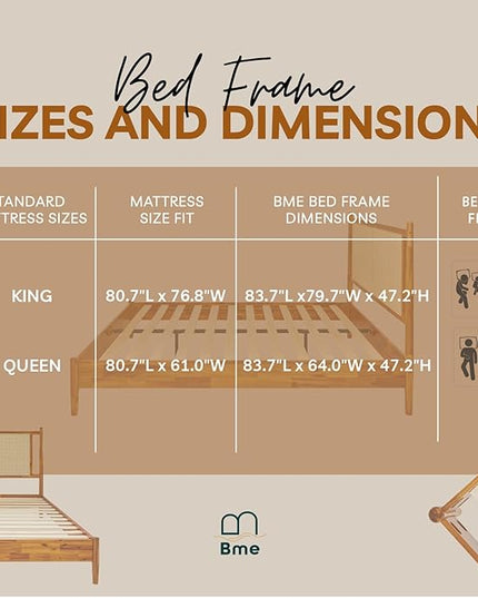 Bme Oliver King Bed Frame and Headboard - 15-Inch Signature Design with Rattan Headboard, Bohemian and Mid Century Style, 12-Slat Wood Support, No Box Spring Needed - Easy Assembly, Caramel - LeafyLoom