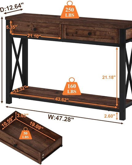 BON AUGURE Console Table with 2 Drawers, Entryway Table with Storage, Sofa Table Behind Couch for Living Room, Farmhouse Entry Table for Hallway, Foyer, Front Door (Rustic Oak, 47 Inch) - LeafyLoom