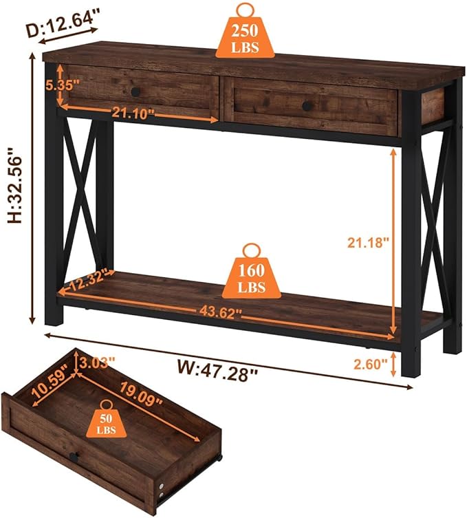 BON AUGURE Console Table with 2 Drawers, Entryway Table with Storage, Sofa Table Behind Couch for Living Room, Farmhouse Entry Table for Hallway, Foyer, Front Door (Rustic Oak, 47 Inch) - LeafyLoom