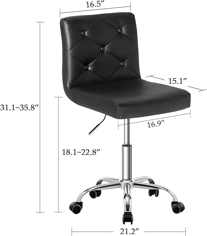 VECELO PU Leather Mid-Back Armless Desk Chair Adjustable Height 360° Rolling Swivel for Home Office Work, Black - LeafyLoom