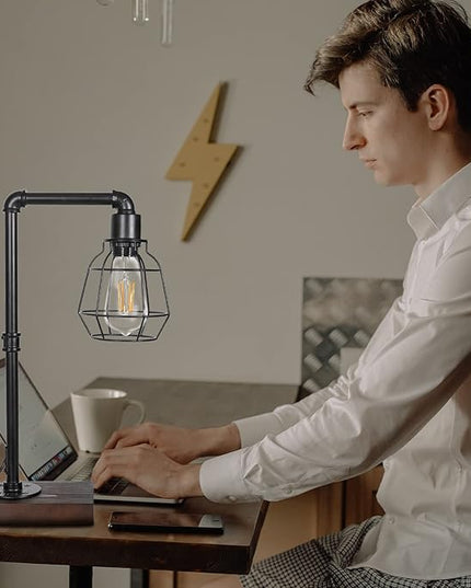 CONCA Industrial Steampunk Table Lamp, Edison Bulb, Metal, A-Black, 19.6x11.7x5.35 inches, 3 lbs, E26 Base, 800 Lumen, 120V - LeafyLoom