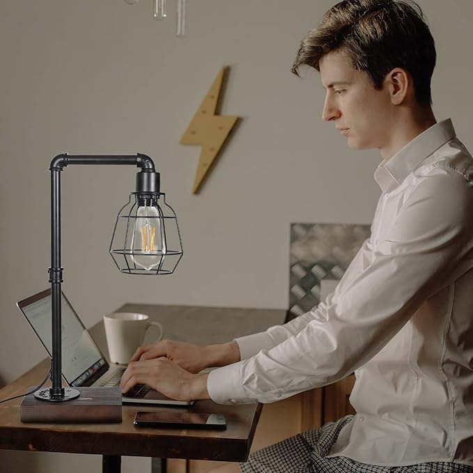 CONCA Industrial Steampunk Table Lamp, Edison Bulb, Metal, A-Black, 19.6x11.7x5.35 inches, 3 lbs, E26 Base, 800 Lumen, 120V - LeafyLoom