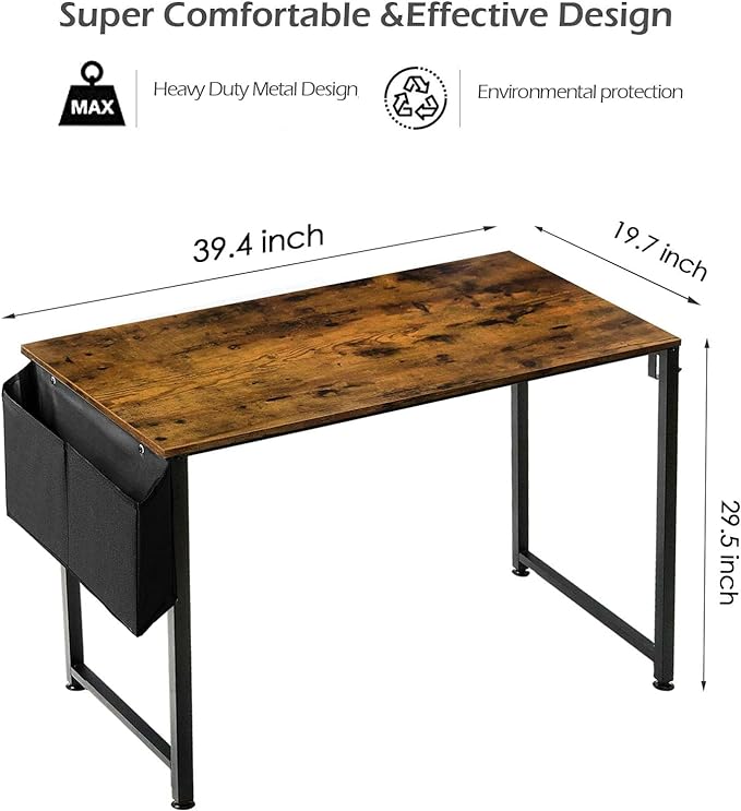 Lufeiya Small Computer Desk Study Table for Small Spaces Home Office 39 40 Inch Rustic Student Writing Desk with Storage Bag,Brown - LeafyLoom