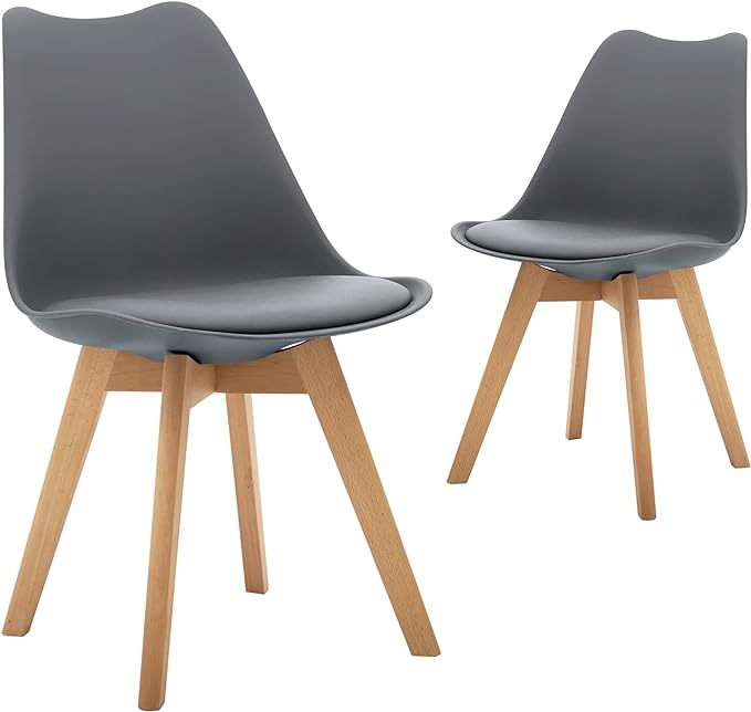 CangLong Mid Century Modern Side Chair with Wood Legs for Kitchen, Living Dining Room, Set of 2, Grey - LeafyLoom