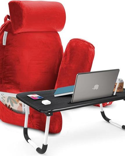 Clara Clark Reading Pillow with Portable Lap Desk for laptop Set, Back Pillow for Sitting Up in Bed, Memory Foam Back Support Pillow, Bed Rest Pillow with Foldable Laptop Desk, Large - Red - LeafyLoom