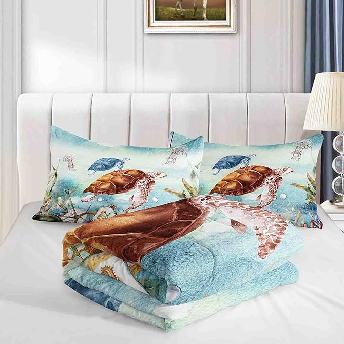 Datura home Sea Turtle Bedding Comforter Set for Boys Girls Teens Children Adults,Watercolor Sea Creatures Blue Ocean Theme Bedding Set with 1 Comforter and 2 Pillowcases(Turtle Queen) Blue Turtle - LeafyLoom