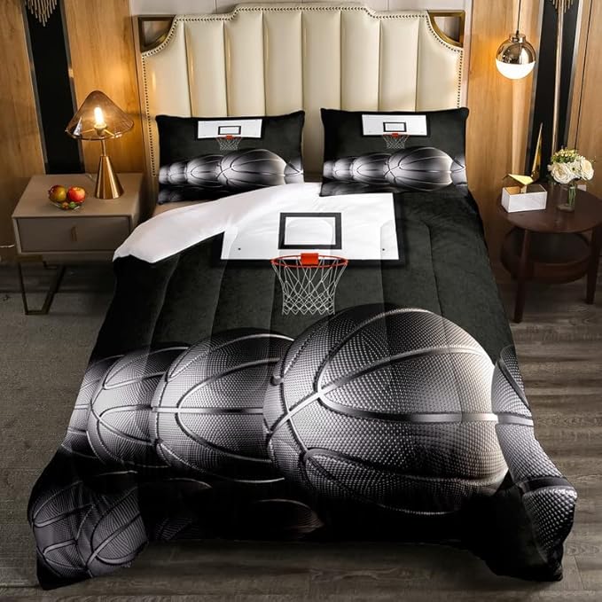 Erosebridal Boys Black Basketball Bedding Set Full Kids Sports Comforter Set Teen Basketball Hoop Down Comforter Soft Lightweight Quilted Duvet 3 Pcs Basketball Lovers Bedroom Decor - LeafyLoom
