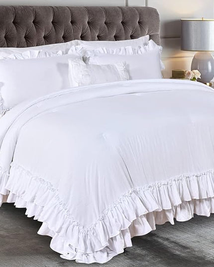 White Ruffled Shabby Comforter Set King,Boho Chic Farmhouse Bedding Down Comforter Fluffy Cozy,Ultra Soft Washed Microfiber Inner Fill Bedding All Season 3 Piece Set with Ruffle Pillow Shams - LeafyLoom