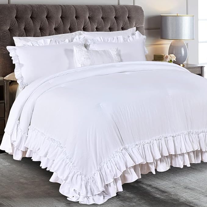 White Ruffled Shabby Comforter Set King,Boho Chic Farmhouse Bedding Down Comforter Fluffy Cozy,Ultra Soft Washed Microfiber Inner Fill Bedding All Season 3 Piece Set with Ruffle Pillow Shams - LeafyLoom