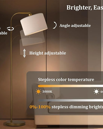 Gold Floor Lamp with Remote Control, 1200 Lumens 15W LED Bulb Included, Adjustable Height Arc Floor Lamps for Living Room, Modern Gold Standing Lamp Dimmable Floor Lamp for Bedroom, Office - LeafyLoom