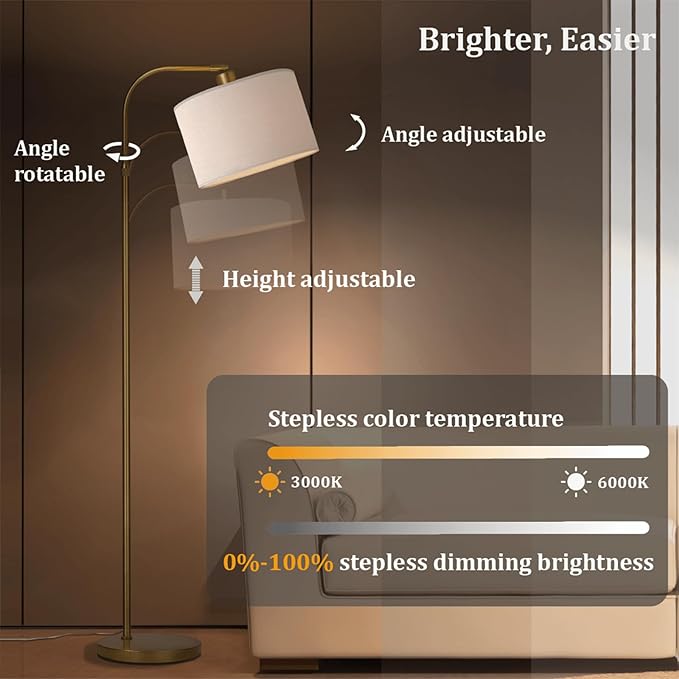 Gold Floor Lamp with Remote Control, 1200 Lumens 15W LED Bulb Included, Adjustable Height Arc Floor Lamps for Living Room, Modern Gold Standing Lamp Dimmable Floor Lamp for Bedroom, Office - LeafyLoom