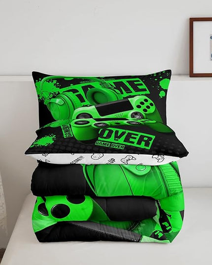 Gamer Comforter Sets for Boys Teens Gaming Comforter Full Size Kids Youth Video Game Comforter Set Green Black Room Decor Headphone Gamepad Bedding Set Reversible Quilt Set for All Season 3Pcs - LeafyLoom