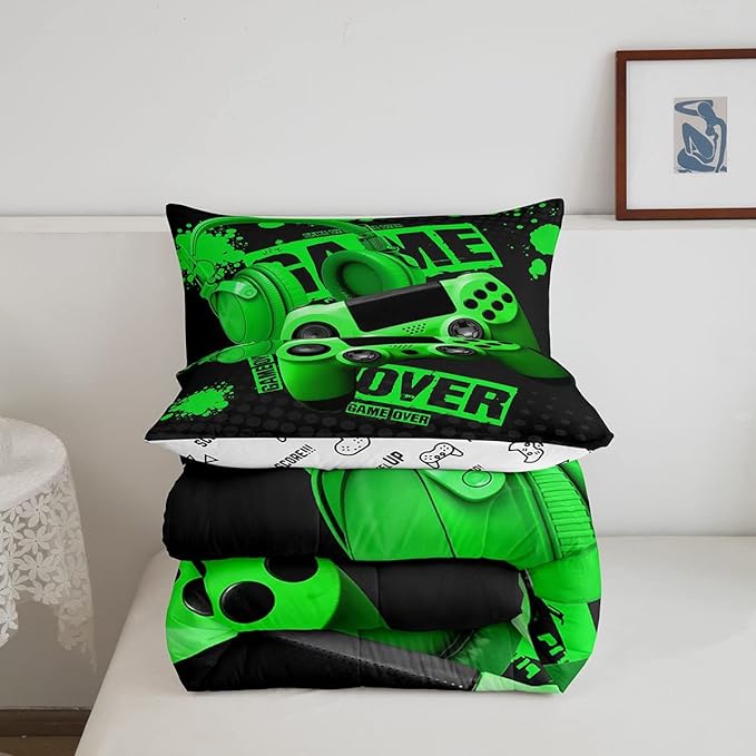 Feelyou Gamer Comforter Sets for Boys Teens Gaming Comforter King Size Kids Video Game Comforter Set Green Black Room Decor Headphone Gamepad Bedding Set Reversible Quilt for All Season 3Pcs Boys - LeafyLoom