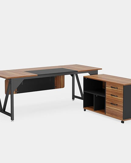 70.8" Executive Desk with 35.4" File Cabinet, L-Shaped Computer Desk, Wood Office Desk for Home Office - LeafyLoom