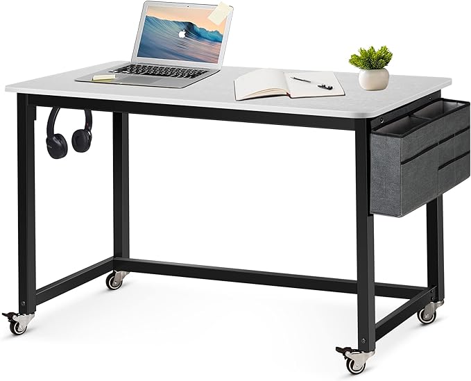 AHB 47" Rolling Computer Desk with 4 Smooth Wheels, Simple Style Mobile Writing Desk Home Office Study Table Movable Workstation with Metal Frame - LeafyLoom