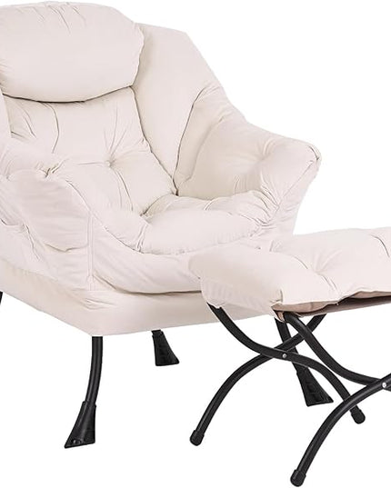 Lazy Chair and Ottoman, Large Accent Lounge Chair with Armrests and a Side Pocket, Modern Leisure Upholstered Sofa Reading Armchair with Footrest for Bedroom, Living Room, Dorm Rooms, Office - LeafyLoom
