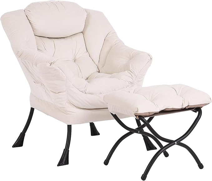 Lazy Chair and Ottoman, Large Accent Lounge Chair with Armrests and a Side Pocket, Modern Leisure Upholstered Sofa Reading Armchair with Footrest for Bedroom, Living Room, Dorm Rooms, Office - LeafyLoom