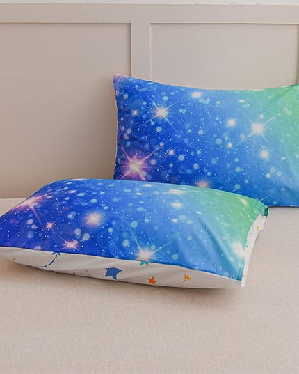 Holawakaka Kids Space Star Glitter Comforter Set Ombre Blue & Green Print Gradient Bedding Set Twin Size(Blue Green, Twin) - LeafyLoom
